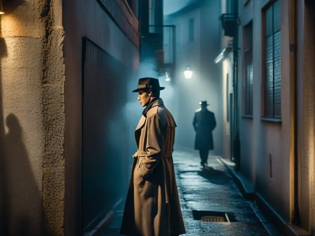 Investigador en trench coat y sombrero fedora fumando en callejón oscuro