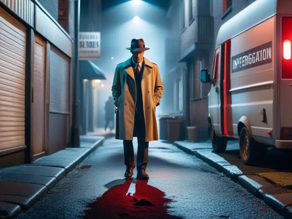 Detective solitario en la niebla: investigación en la callejuela Investigador CSI examinando huellas en callejón misterioso