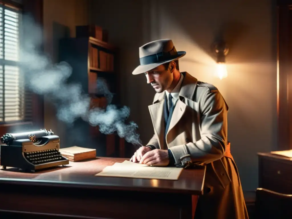 Investigador en habitación misteriosa de película noir Un investigador solitario en un oscuro y ahumado cuarto, rodeado de pistas y un escritorio caótico, evocando la criminología en cine y televisión