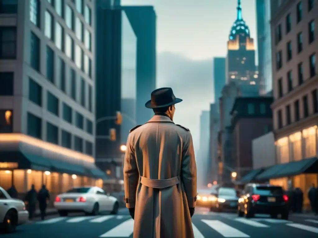 Misterioso detective nocturno en la ciudad Adaptación literaria de Sherlock Holmes: Silueta en la esquina de una misteriosa Nueva York nocturna