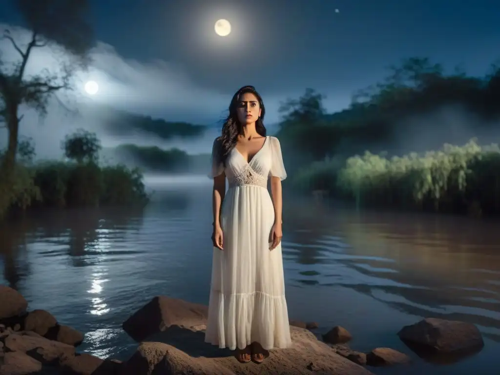 La Llorona en cine: Figura misteriosa de La Llorona junto al río, su vestido blanco ondeando, bajo la luz de la luna