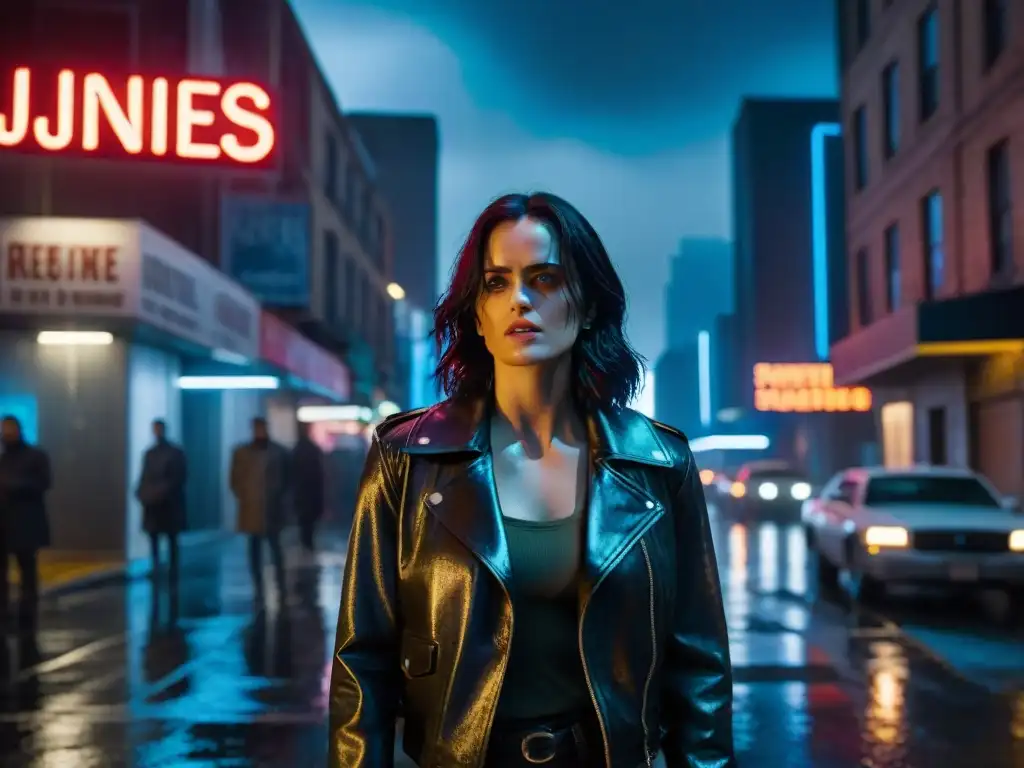 Jessica Jones en la lluviosa noche de Nueva York, bajo neón, reflejando el análisis detectivesco