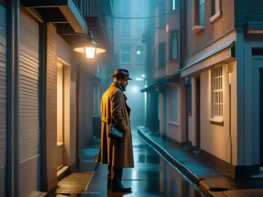 Bajo la luz de la calle, un detective con fedora y cámara vintage captura evidencia en un oscuro callejón