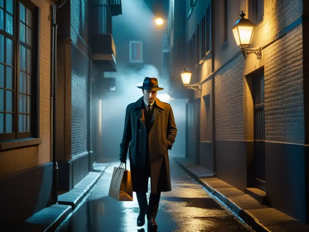 Bajo la luz intermitente de la farola, un misterioso intercambio se lleva a cabo en un callejón sombrío, evocando la influencia del género fantástico