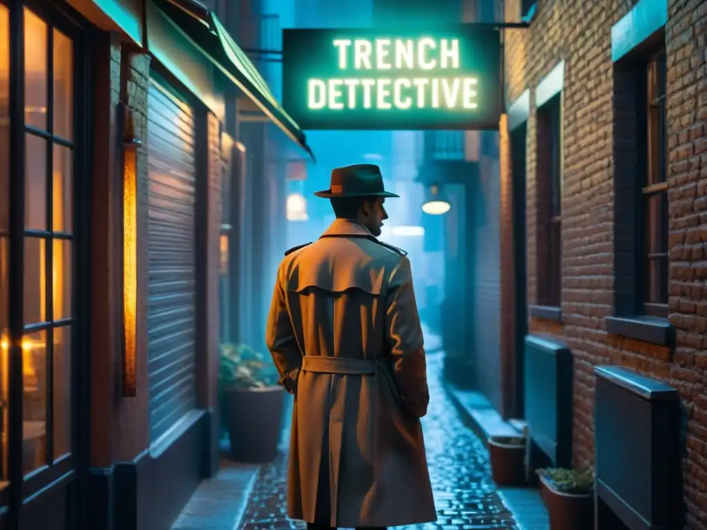 Adaptación de Maigret en cine: Detective en callejón oscuro con sombrero y cigarrillo, bajo luces de neón