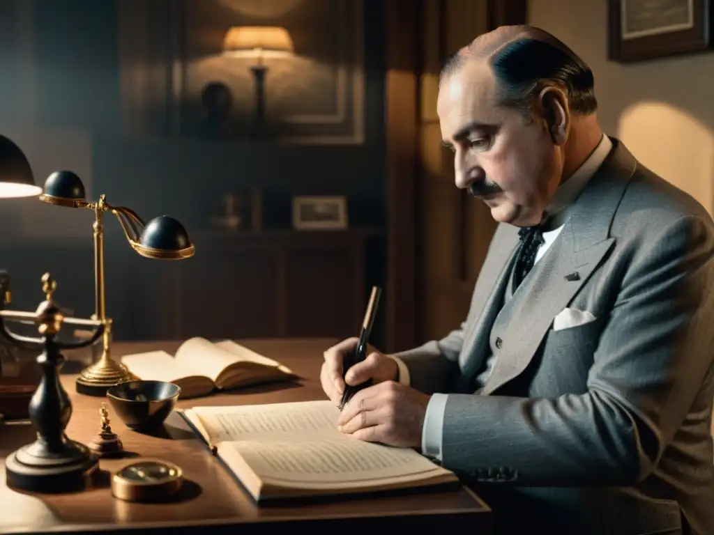 Las manos meticulosas de Hercule Poirot organizando lupas y cintas métricas en una habitación sombría en blanco y negro