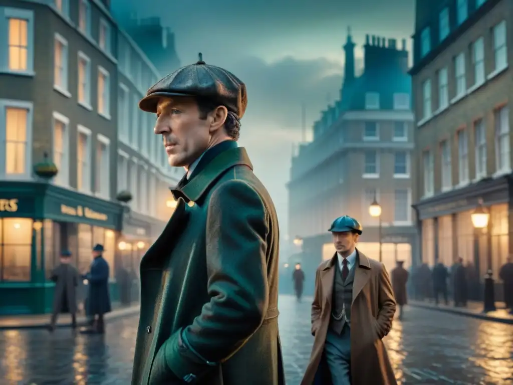 Merchandising de Sherlock y Watson: Poster noir con siluetas dramáticas de los detectives bajo la lluvia en Londres