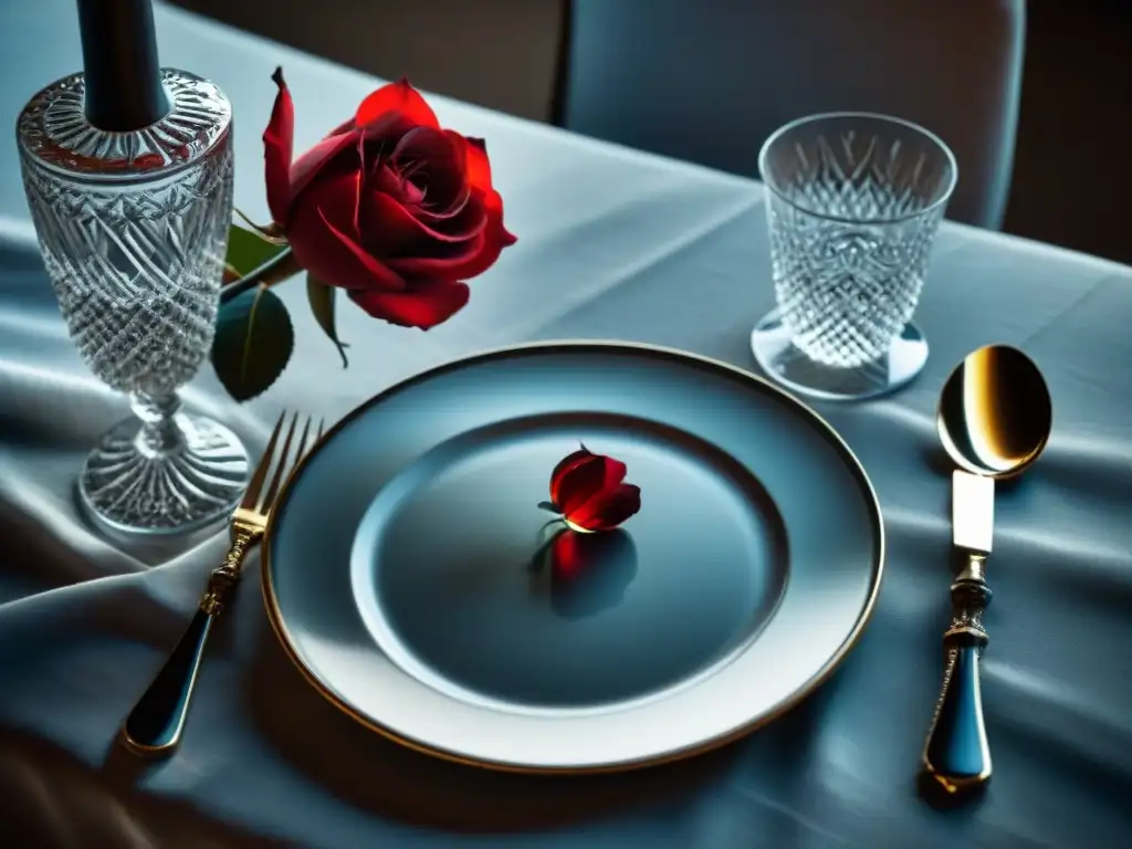 Una mesa de comedor elegante en blanco y negro, con cubiertos de plata y una rosa roja en un jarrón de cristal