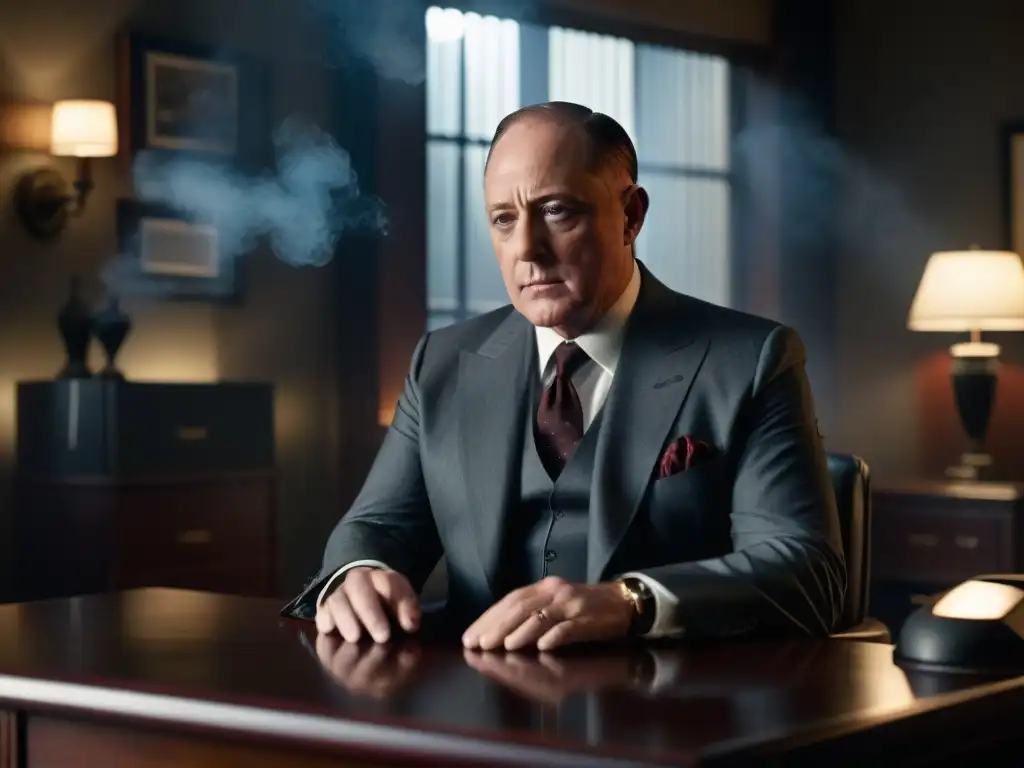 La mirada intensa de Raymond Reddington en su oficina sombría destila un perfil psicopático