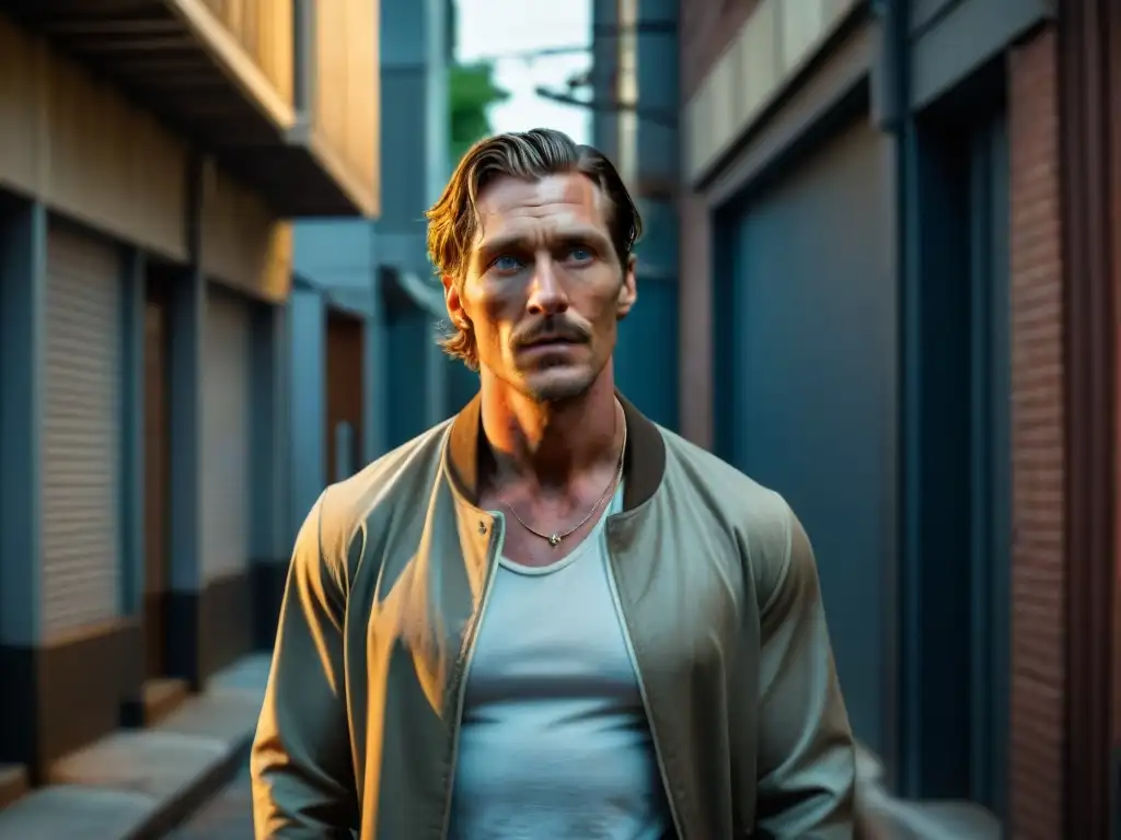 Rust Cohle, con su mirada penetrante, en un callejón sombrío, encarna la Filosofía de Rust Cohle en estilo Film Noir