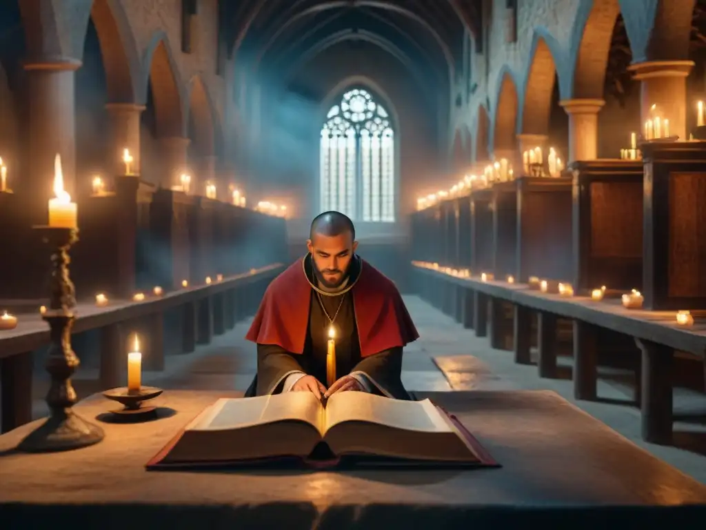 Misterio medieval y crítica social en la biblioteca del monasterio: un monje solitario lee entre antiguos manuscritos a la luz de una vela