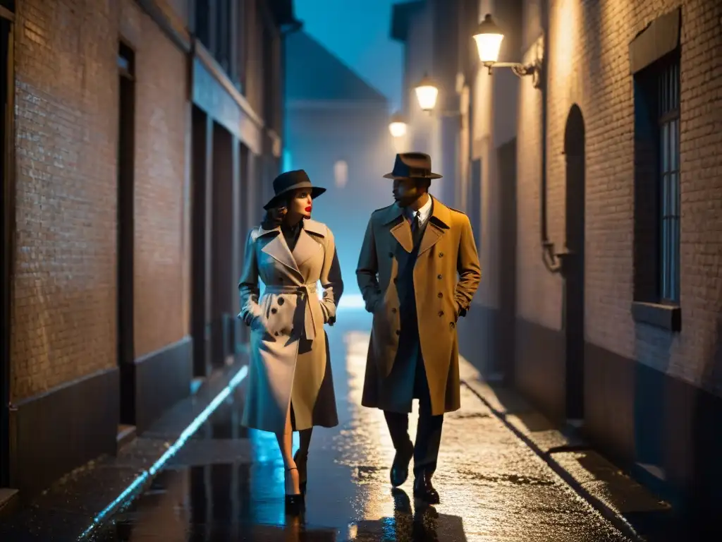 Misterio y romance en detectives: Dos figuras en la penumbra de un callejón húmedo, iluminadas por una lámpara de calle solitaria