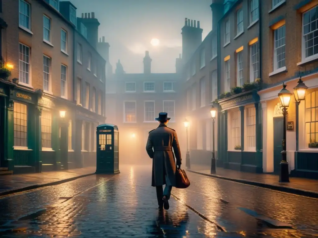 Misterios en Baker Street: la puerta de 221B entre la niebla, con la silueta de Sherlock Holmes desvaneciéndose en la noche victoriana