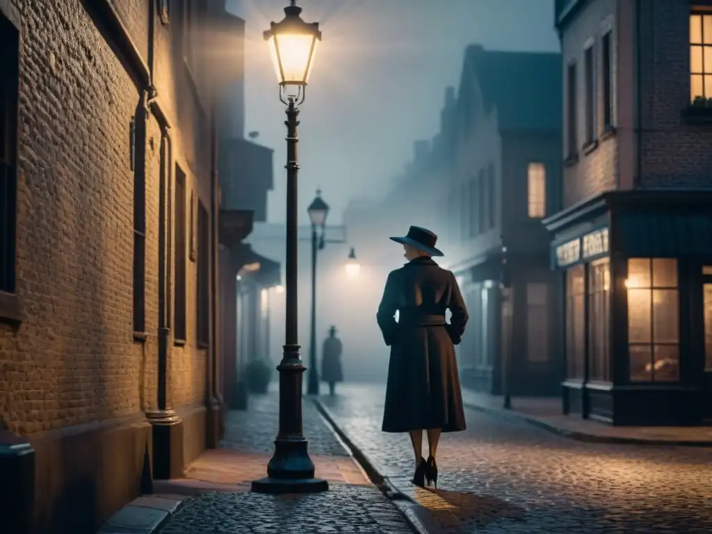 Una misteriosa anciana bajo la luz de la farola en una noche de niebla, evocando el análisis detectivesco de Miss Marple en el cine noir