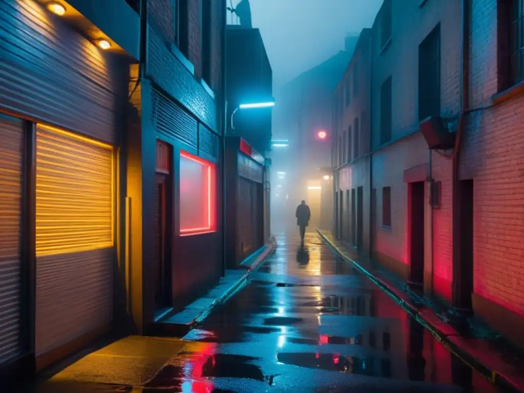 Una misteriosa y atmosférica imagen de un callejón nocturno iluminado por luces de neón, evocando la investigación en series de ciberdelitos