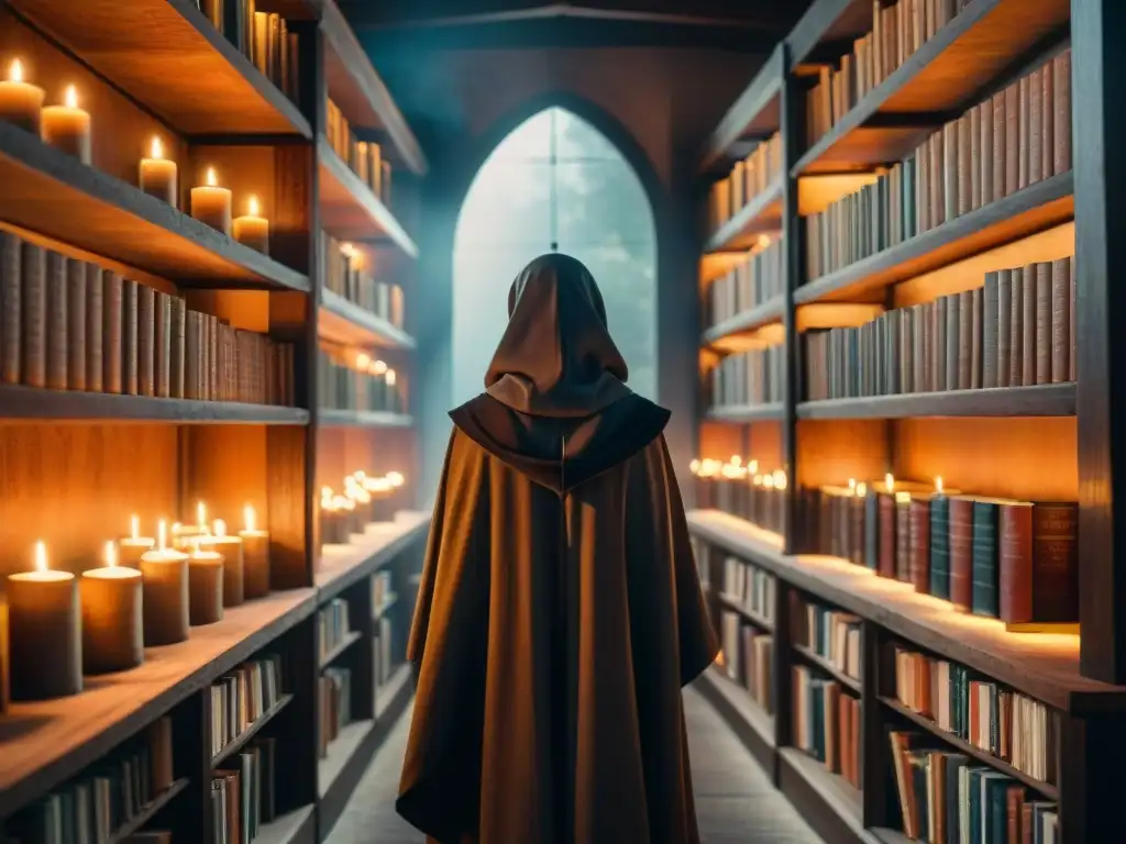 Una misteriosa biblioteca medieval iluminada por velas, donde una figura en la penumbra estudia un antiguo libro