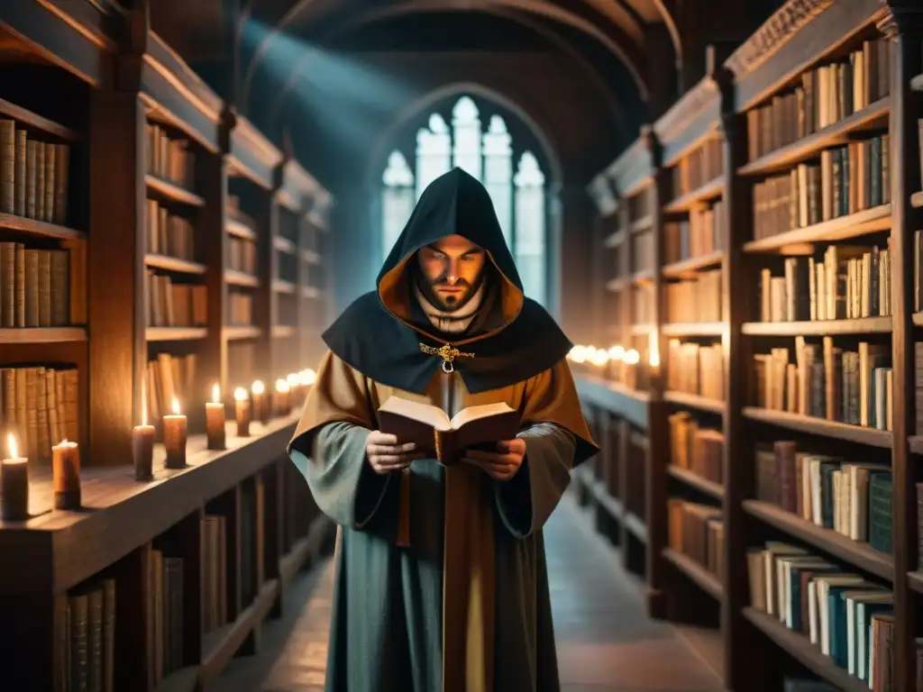 En una misteriosa biblioteca medieval, un personaje en sombras estudia un manuscrito antiguo, reflejando misterio medieval y crítica social