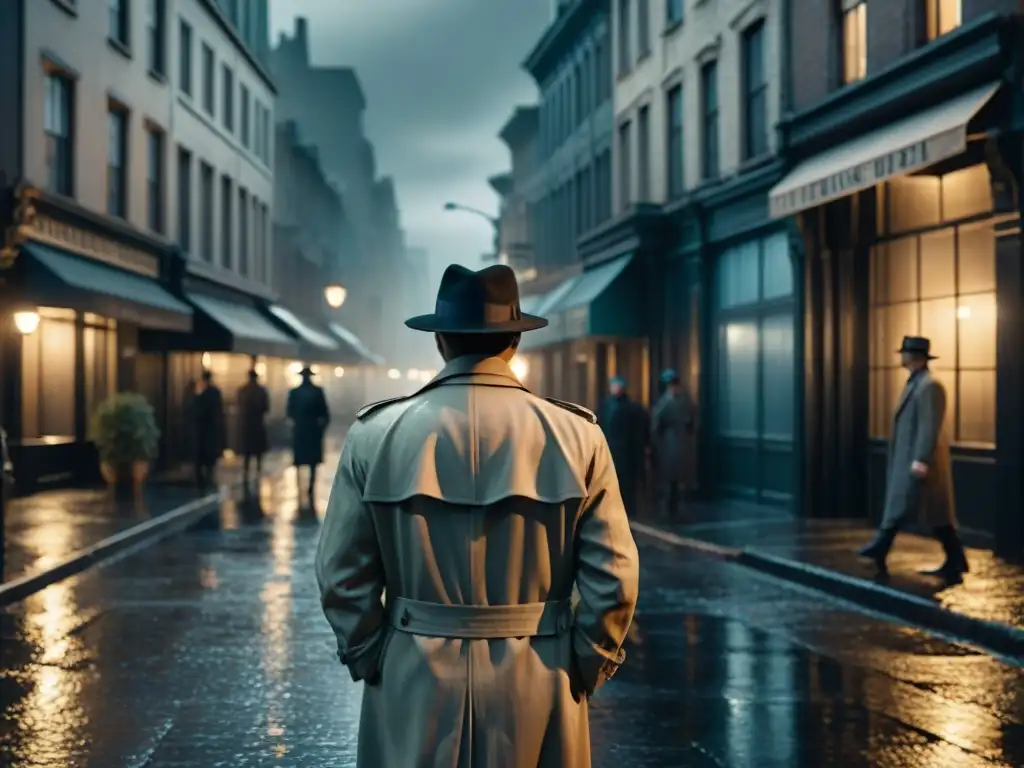 Una misteriosa calle de ciudad lluviosa en blanco y negro, evocando el cine noir con un enigmático detective alejándose