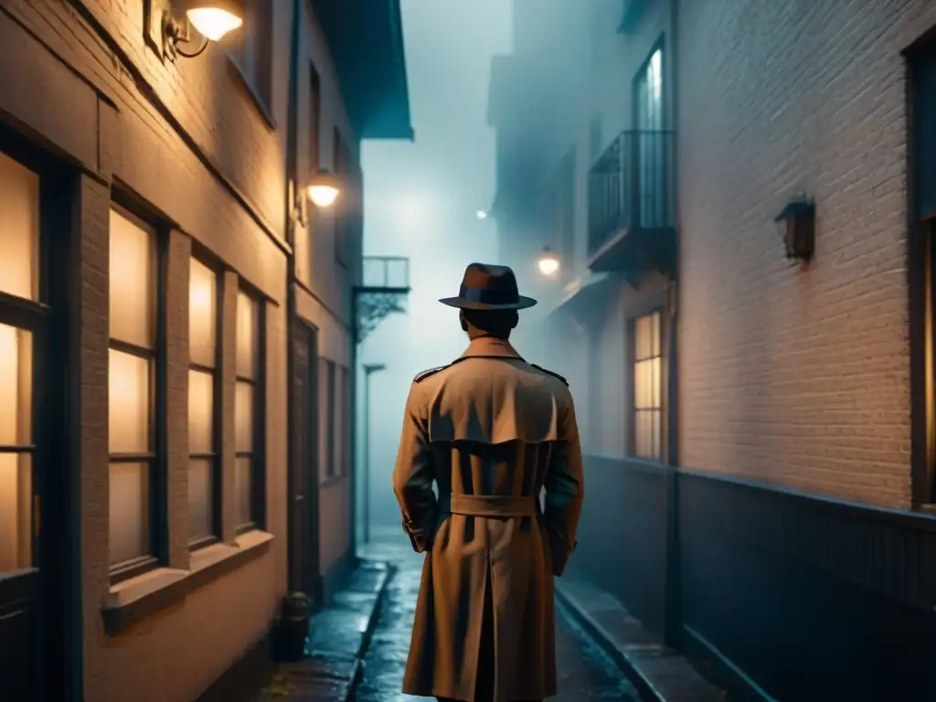 En la misteriosa callejuela, una figura de espaldas con gabardina y sombrero mira una ventana iluminada, evocando un thriller moderno