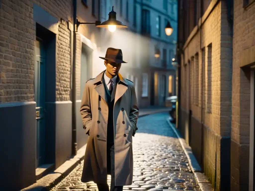 En la misteriosa callejuela, una figura bajo la luz tenue captura secretos con su cámara vintage