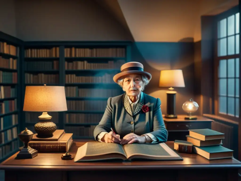 Una misteriosa detective anciana, al estilo de Miss Marple, resolviendo un enigma en su estudio vintage