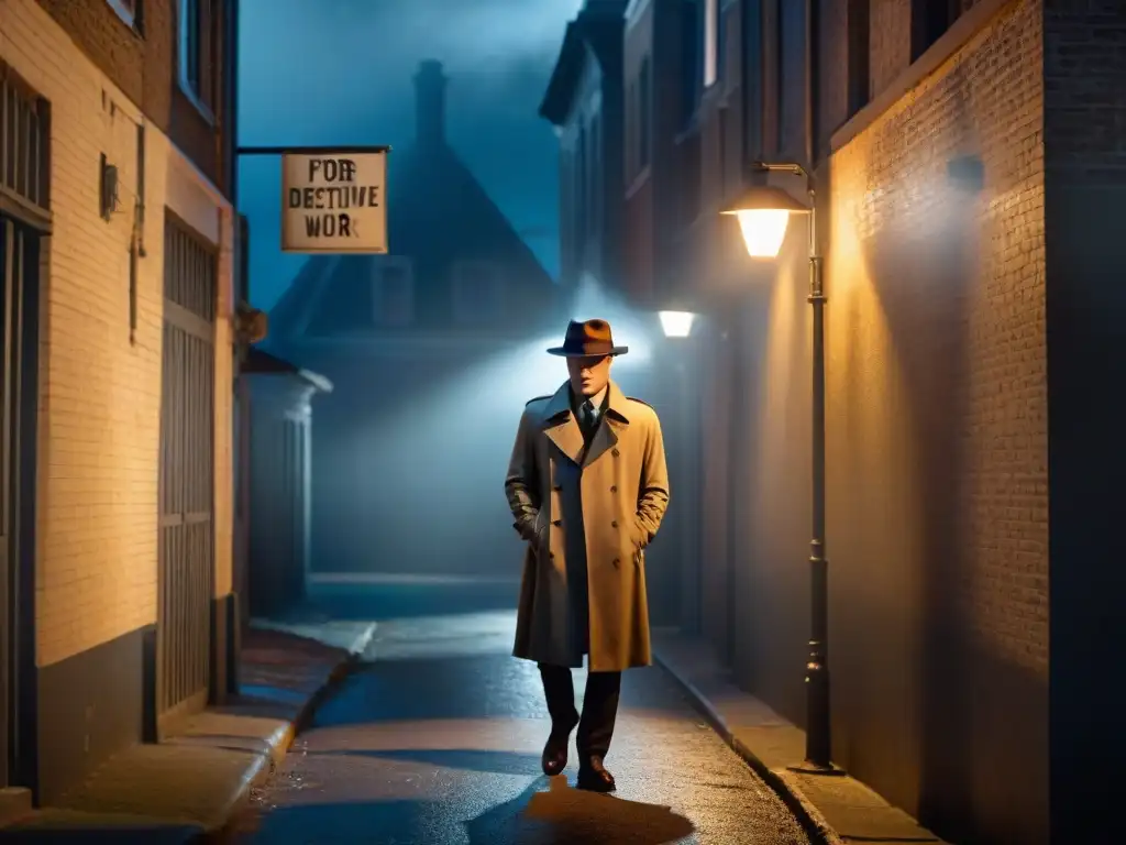 Misteriosa detective en un callejón, iluminada por la luz de la farola