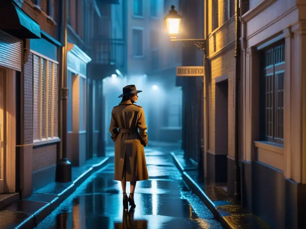 Una misteriosa detective femenina en un callejón iluminado por la luz de una farola, evocando el ambiente de mujeres detectives en la literatura noir