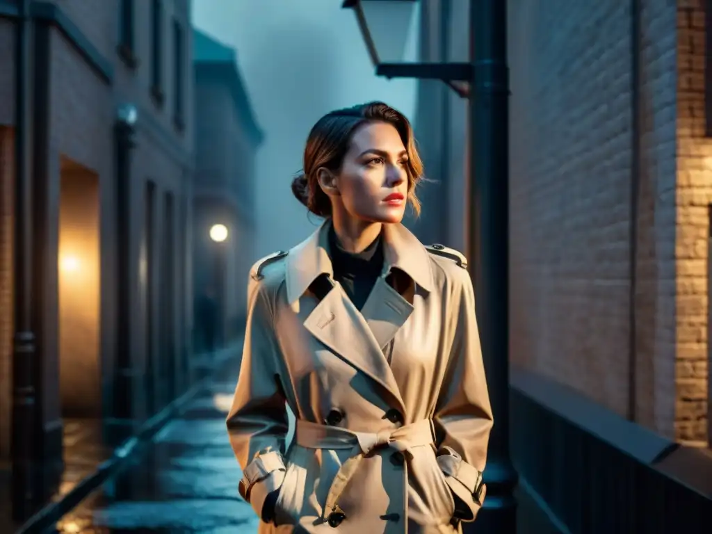 Misteriosa detective bajo la luz de la farola en un callejón lluvioso