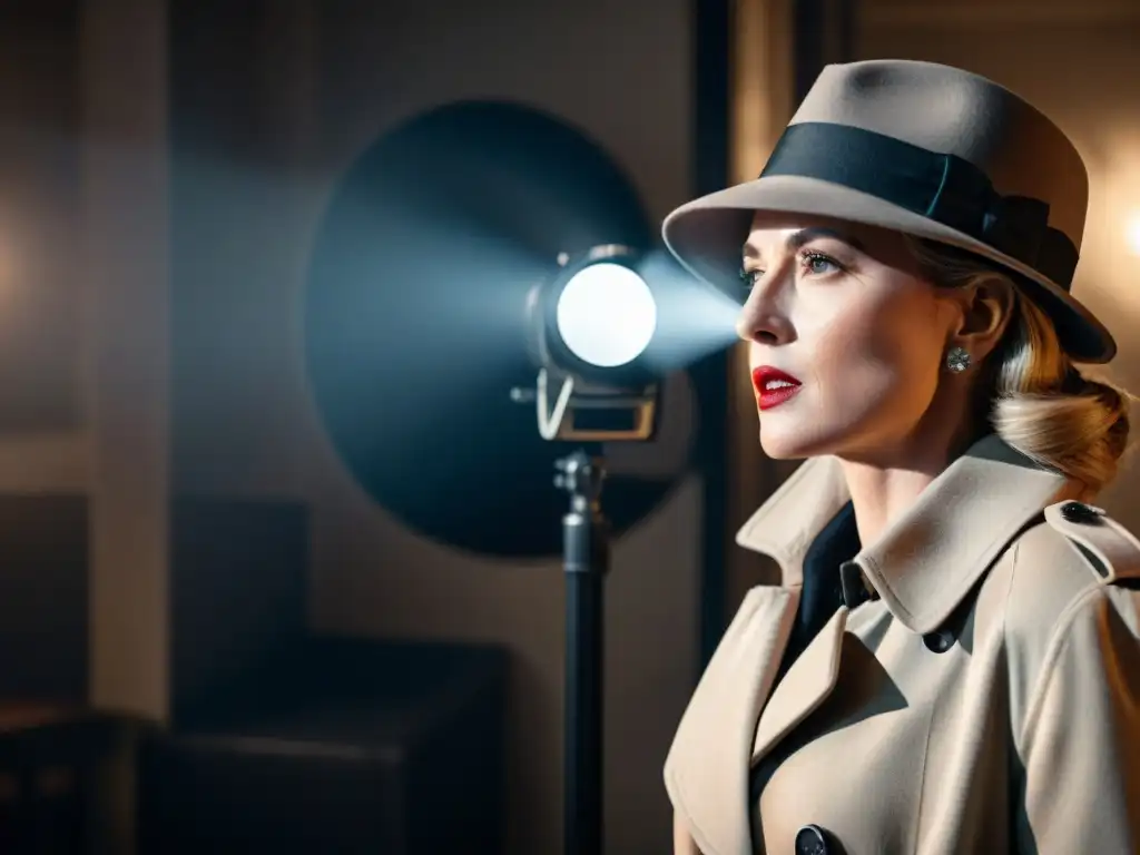 Misteriosa directora de cine dirige escena de detectives, reflejando el impacto de mujeres directoras en el cine detectivesco