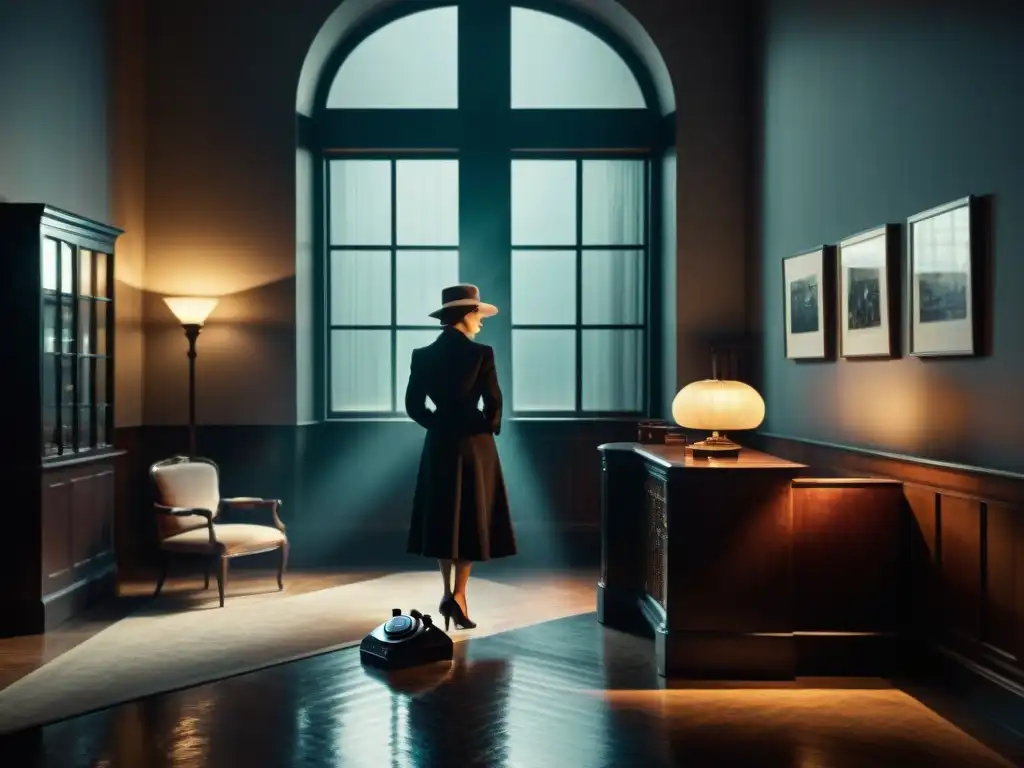Misteriosa escena en blanco y negro inspirada en Agatha Christie, con figura en silueta junto a un teléfono antiguo