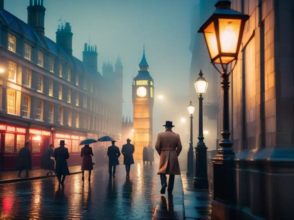 Una misteriosa escena nocturna en un callejón de Londres, iluminado por farolas antiguas