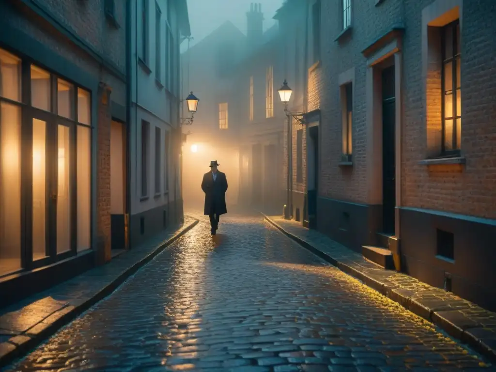 Una misteriosa y evocadora imagen de un callejón oscuro de noche, iluminado por una solitaria farola