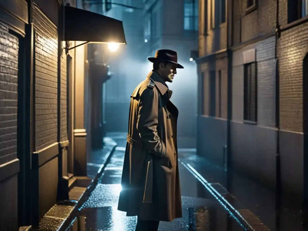 Misteriosa figura bajo farola en callejón oscuro, reflejos de lluvia