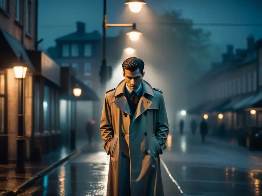 Una misteriosa figura bajo una farola en una noche lluviosa, reflejando un ambiente noir para 'Adaptando escritura al género detectivesco'