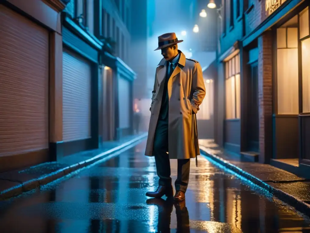 Detective en callejón sombrío: misterio bajo luces de neón En la misteriosa y lluviosa callejuela, un detective en silueta con lupa, bajo luces de neón
