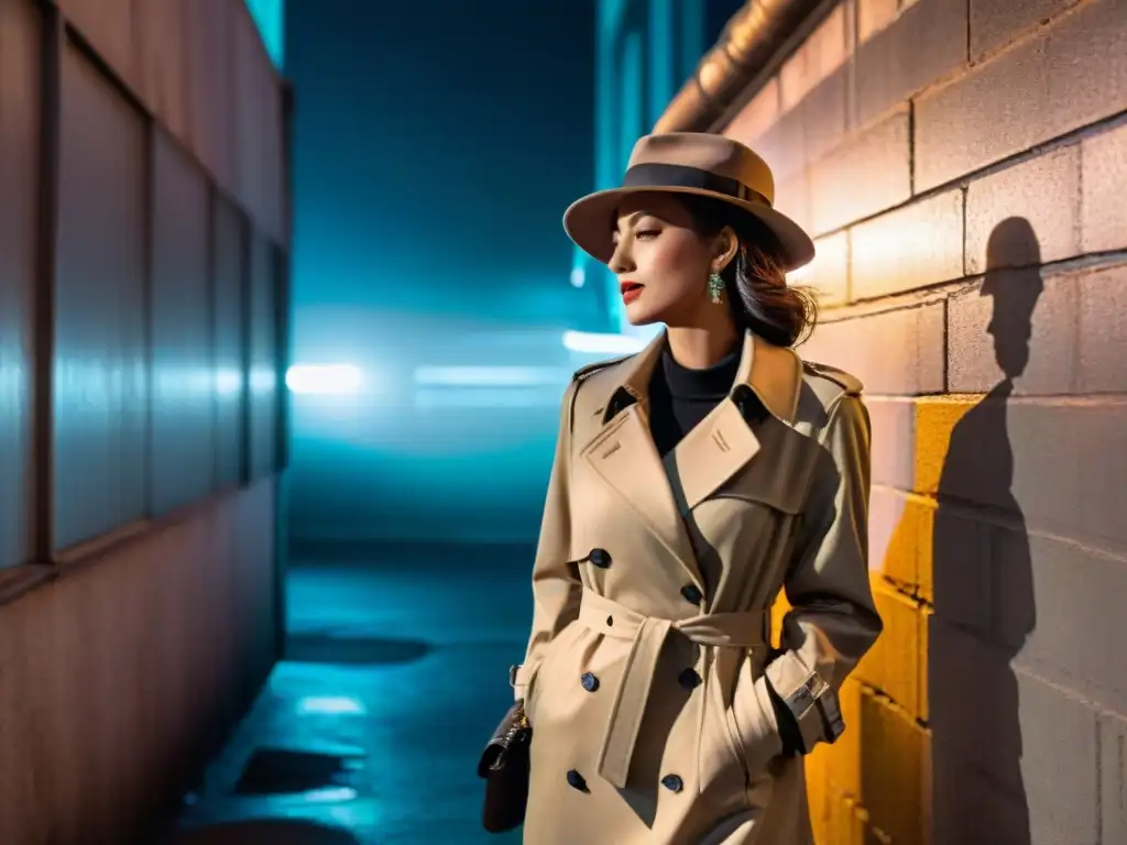 Una misteriosa mujer en un callejón, reflejando luces de neón en la ciudad