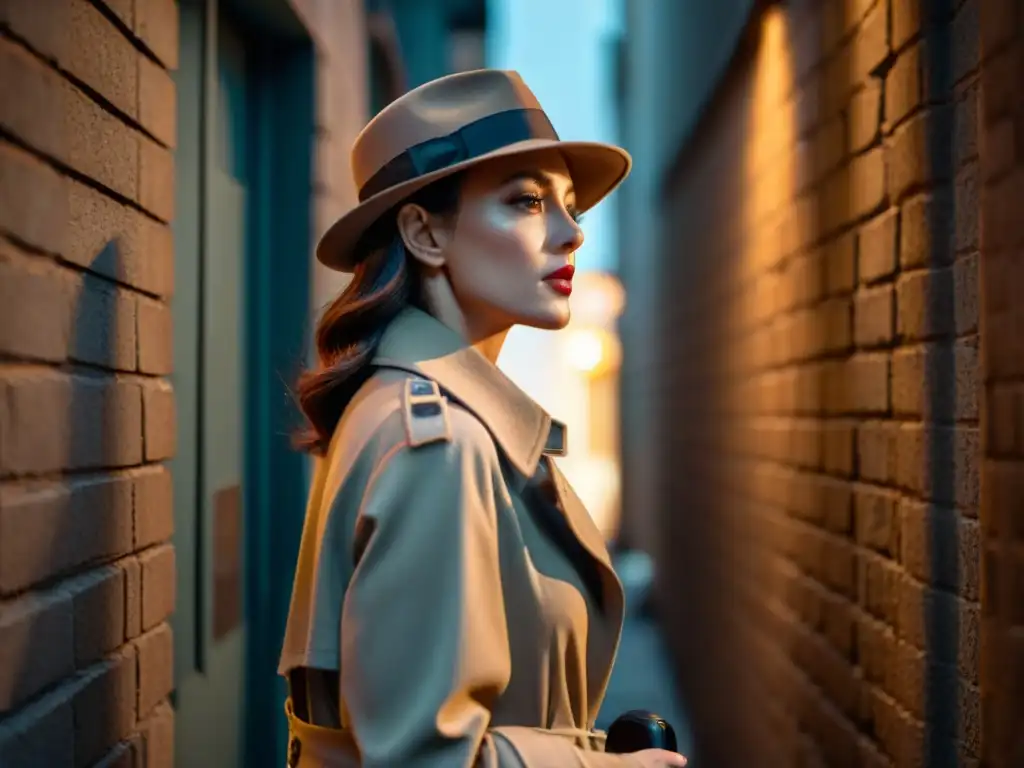 Misteriosa mujer detective en un callejón oscuro, con sombrero y gabardina, creando un ambiente de Cine Noir