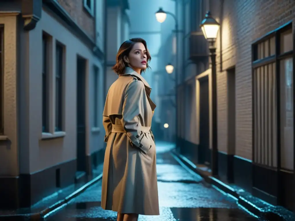 Misteriosa mujer detective bajo la luz de la farola en un callejón lluvioso, desentrañando pistas