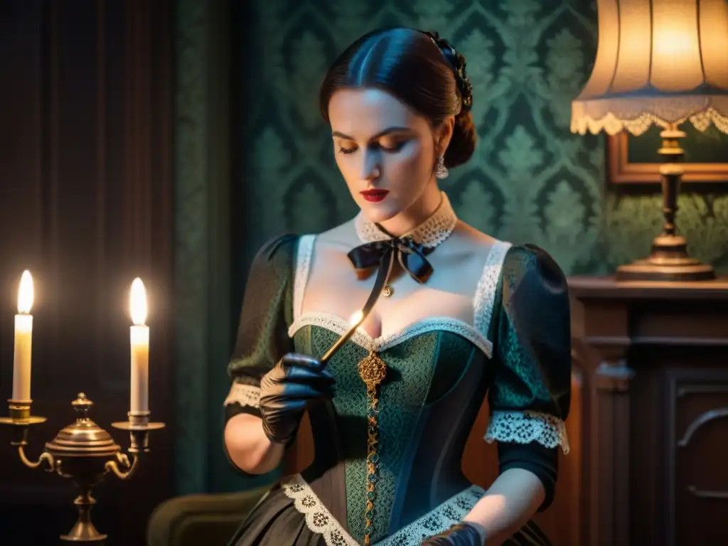 Intriga victoriana: espionaje en la penumbra Una misteriosa mujer examina un documento en una sala victoriana llena de intriga y secretos