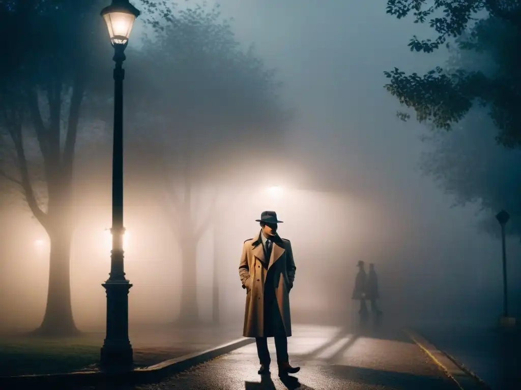 En la misteriosa noche, una figura con sombrero y gabardina sostiene una lupa bajo la luz de una farola, reflejando intriga