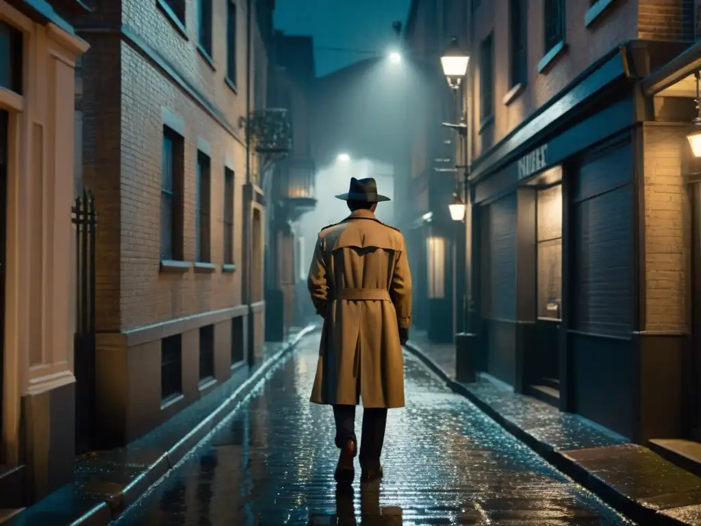 Intriga nocturna: figura misteriosa en callejón lluvioso En la misteriosa noche lluviosa de un callejón, una figura en gabardina y fedora bajo la luz, evoca el suspense de 'Vértigo' de Alfred Hitchcock