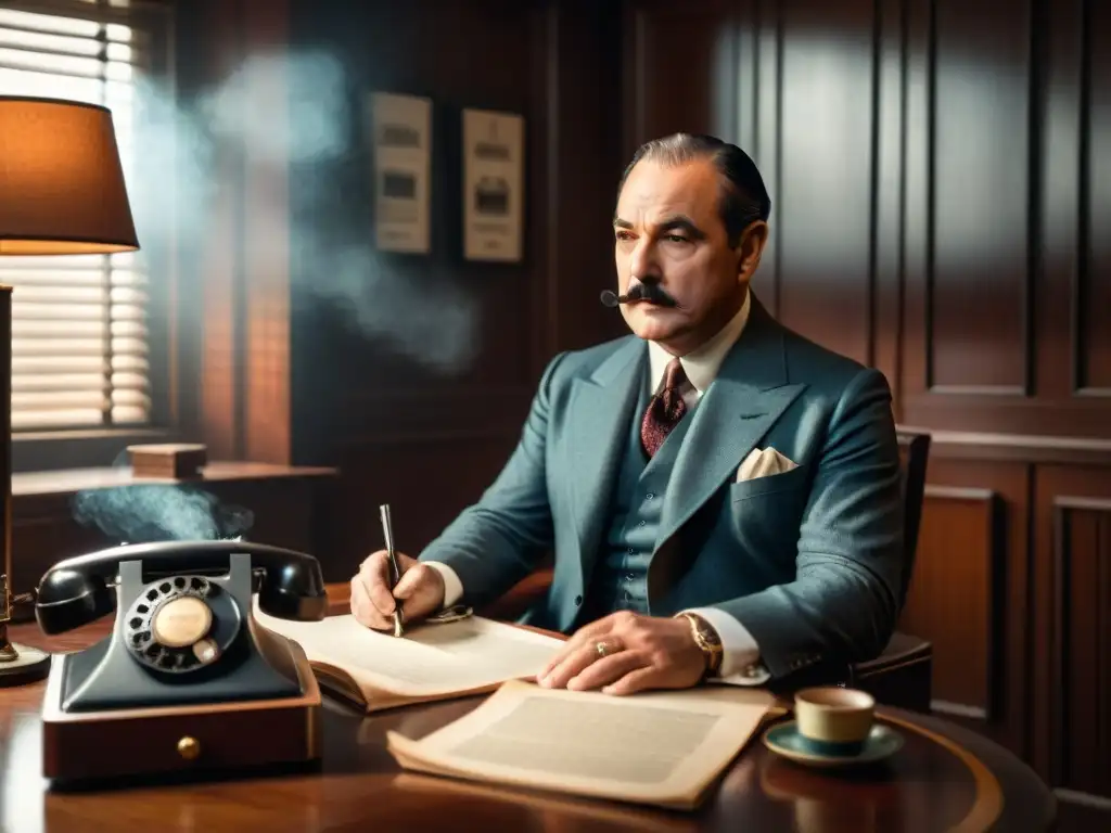 En una misteriosa oficina vintage, un actor se asemeja a Hercule Poirot en una escena de cine detectivesco de Agatha Christie