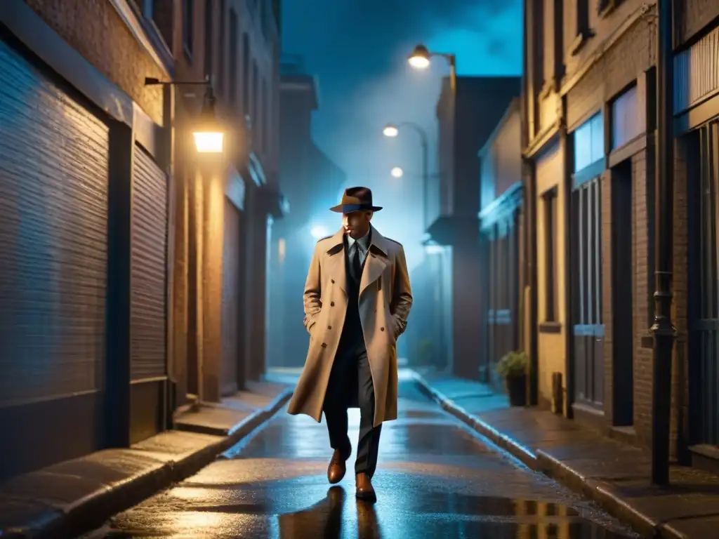 La misteriosa silueta de un detective real en un callejón nocturno, evocando el ambiente de cine y televisión detectives reales cine televisión