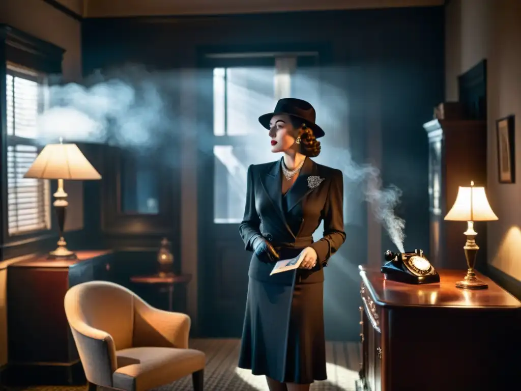 Un misterioso ambiente de cine negro con un detective y una femme fatale en la sombra