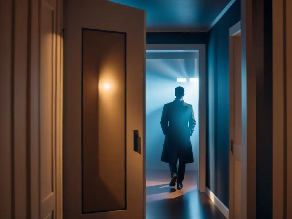 Un misterioso ambiente de thriller noir con uso de sombras, donde una figura en silueta añade tensión