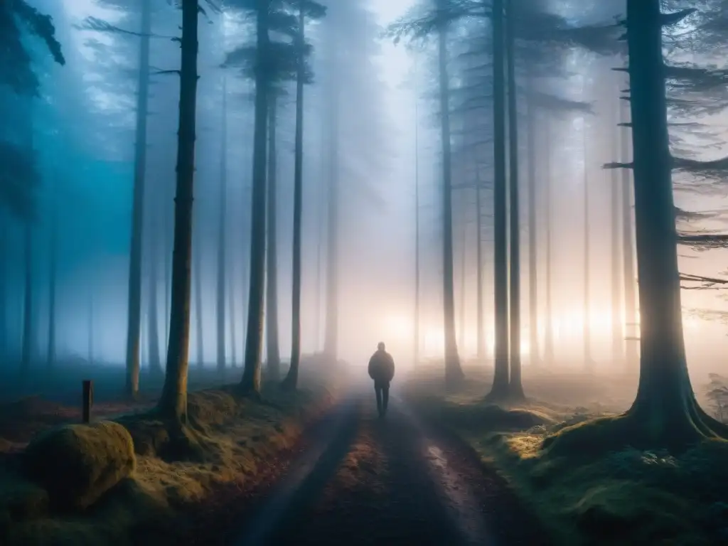 Un misterioso bosque escandinavo iluminado por una farola, creando una atmósfera de suspense