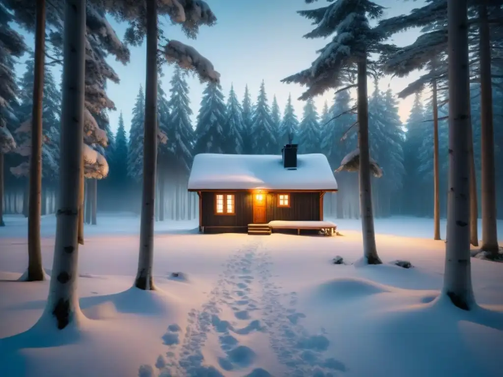 Un misterioso bosque nevado de noche, una figura solitaria camina hacia una cabaña iluminada, creando sombras en la nieve