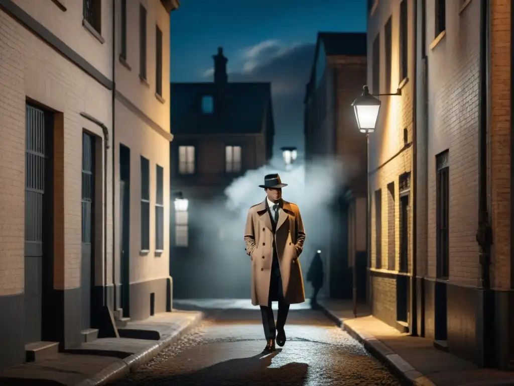 Un misterioso callejón en blanco y negro con un solitario figura bajo una farola, evocando los arquetipos del Noir Clásico