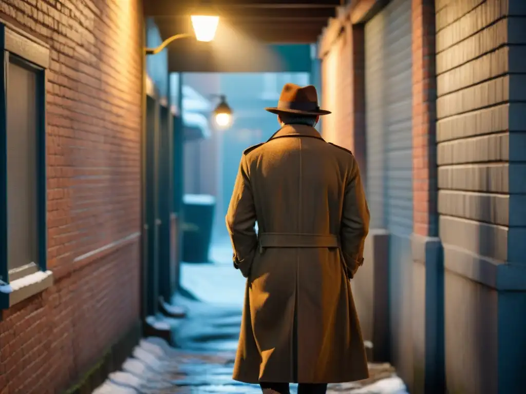 Un misterioso callejón en blanco y negro con una figura solitaria bajo la luz de la calle, evocando el olvido voluntario en cine detectives