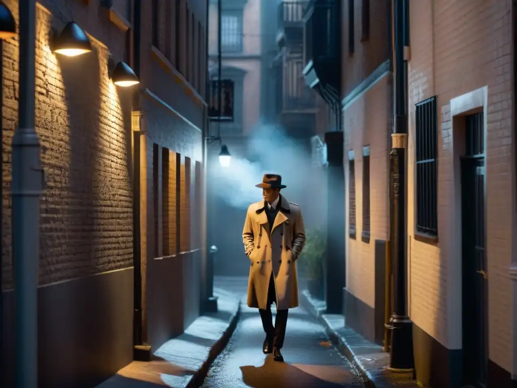 Un misterioso callejón en blanco y negro con sombras, un detective fumando bajo la luz de la farola